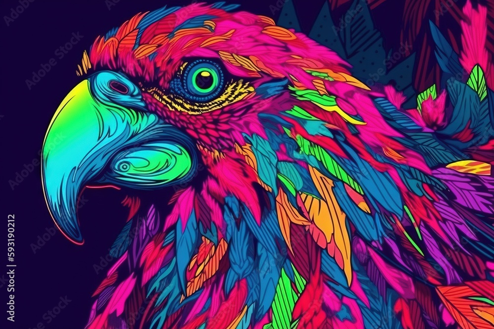 Poster a colorful bird with feathers on a dark background with leaves. generative ai