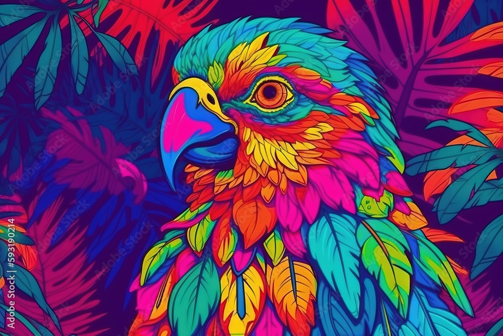 Poster a colorful parrot is sitting in the palm leaves of a tree. generative ai