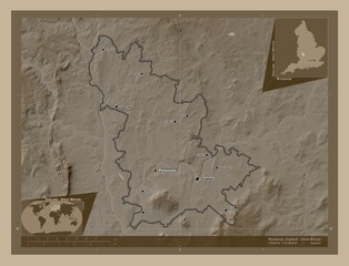 Wychavon, England - Great Britain. Sepia. Labelled points of cities