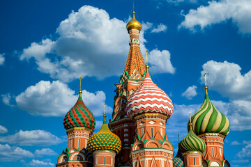 Fototapeta na wymiar St. Basil's Cathedral at Red Square in Moscow with blue sky background, St. Basil's Cathedral ancient architecture on Red Square in Moscow, Beautiful ancient architecture building, Moscow, Russia.