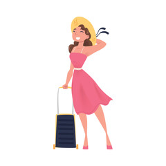 Beautiful girl in straw hat and summer dress going on summer vacation cartoon vector illustration