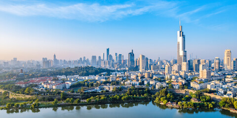 Aerial shot of Zifeng Building skyline at Xuanwubian, Nanjing, Jiangsu, China