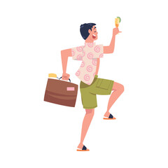 Happy young man with luggage and glass of cocktail going on summer vacation trip cartoon vector illustration