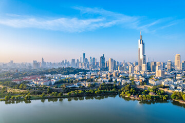Aerial shot of Zifeng Building skyline at Xuanwubian, Nanjing, Jiangsu, China