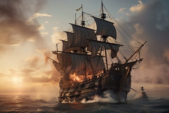 pirate ship with cannon fire in the distance, smoke rising from explosions, created with generative ai