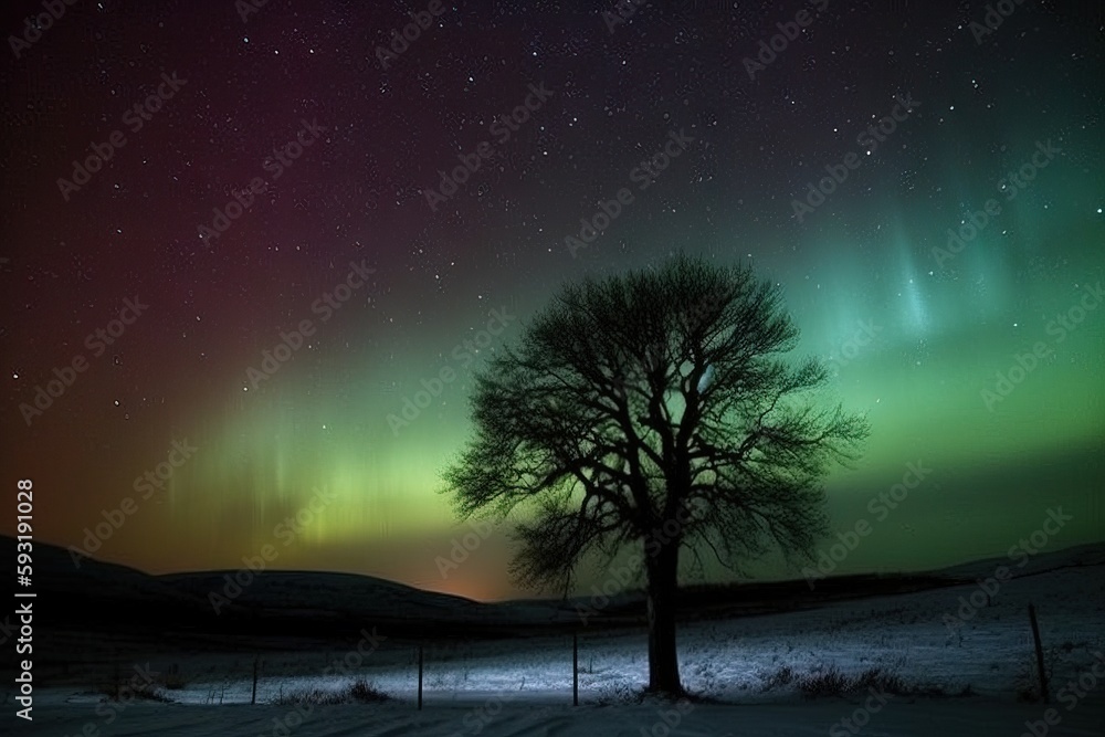 Poster a tree in a field with the aurora in the background. generative ai