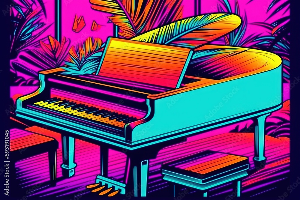 Aufkleber a colorful piano and stools in front of a palm tree. generative ai