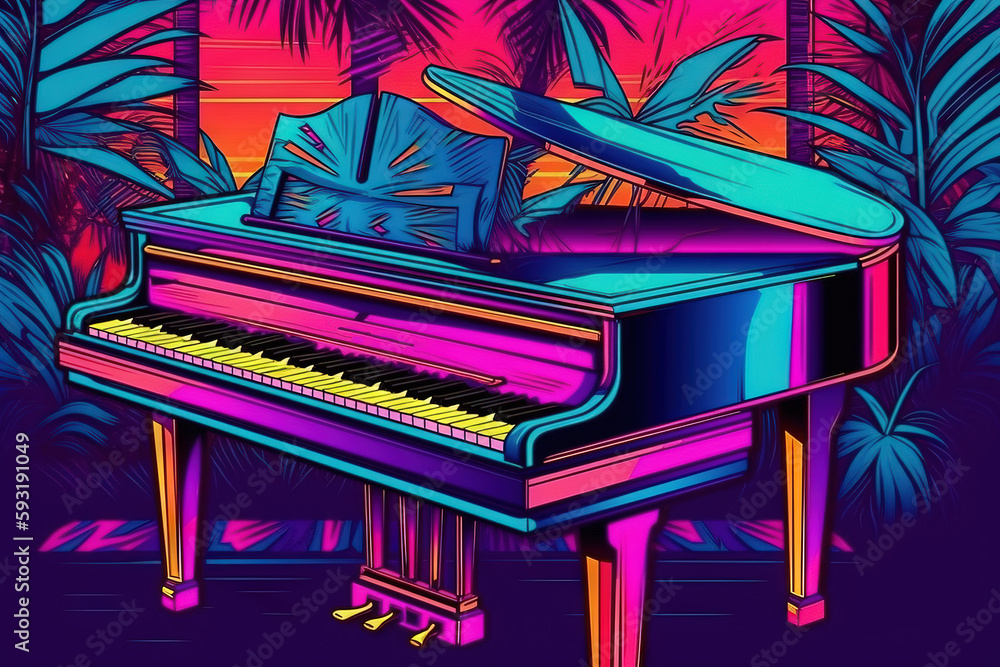 Poster a colorful piano in a tropical setting with palm trees in the background. generative ai