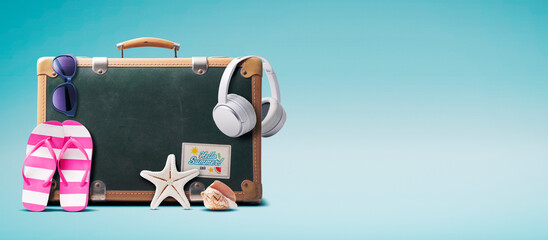 Beach accessories and vintage suitcase