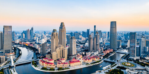 Fototapeta na wymiar China Tianjin Haihe and Jinwan Plaza CBD city skyline aerial view