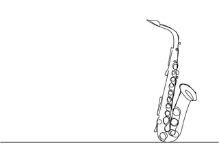 Fototapeta na wymiar Saxophone one line art. Continuous line drawing of musical, melody, blues, saxophone, jazz, horn, music, sax, musician, trumpet, orchestra.