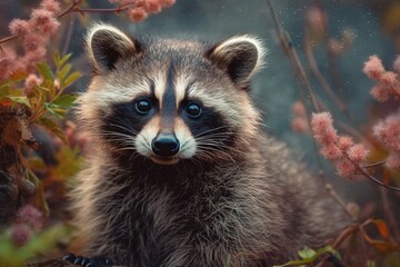 Fototapeta premium a raccoon is sitting in a field of flowers. generative ai