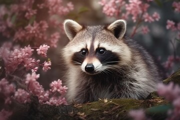 Fototapeta premium a raccoon is standing in a tree with pink flowers. generative ai