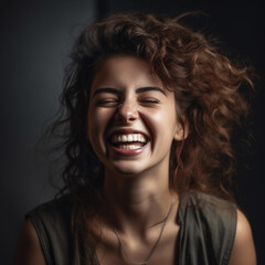 Portrait of a beautiful woman, laughing with the tongue out