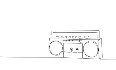 Record player, tape recorder one line art. Continuous line drawing of tape, retro, cassette, vintage, hipster, music, compact, radio, audio, player, stereo, sound, boombox, 80s, disco, 90s