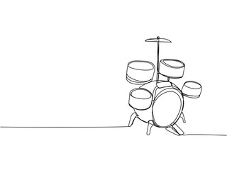 Drum kit one line art. Continuous line drawing of play, drum, drumstick, kit, stick, music, performer, song, vintage, rock, instrument, band, percussion, sound, bass, musician.