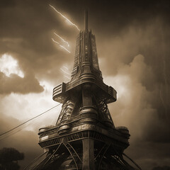tech tower with colorful skyline and clouds Vector illustration with generative AI tech