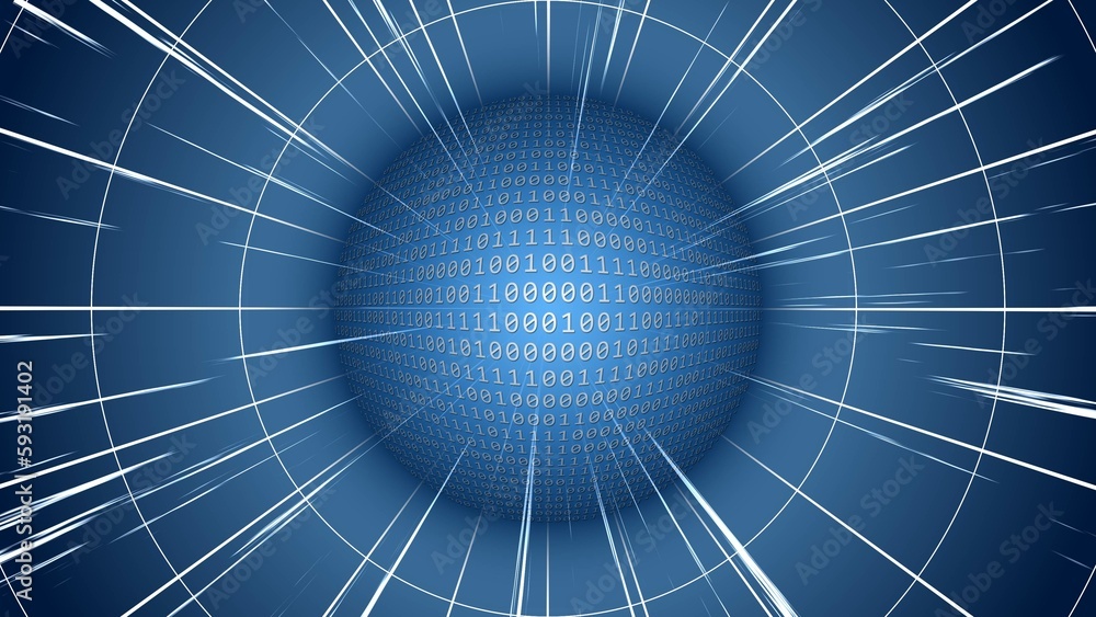 Poster bright sphere of binary code in blue color - abstract illustration with stylized space rays and ring