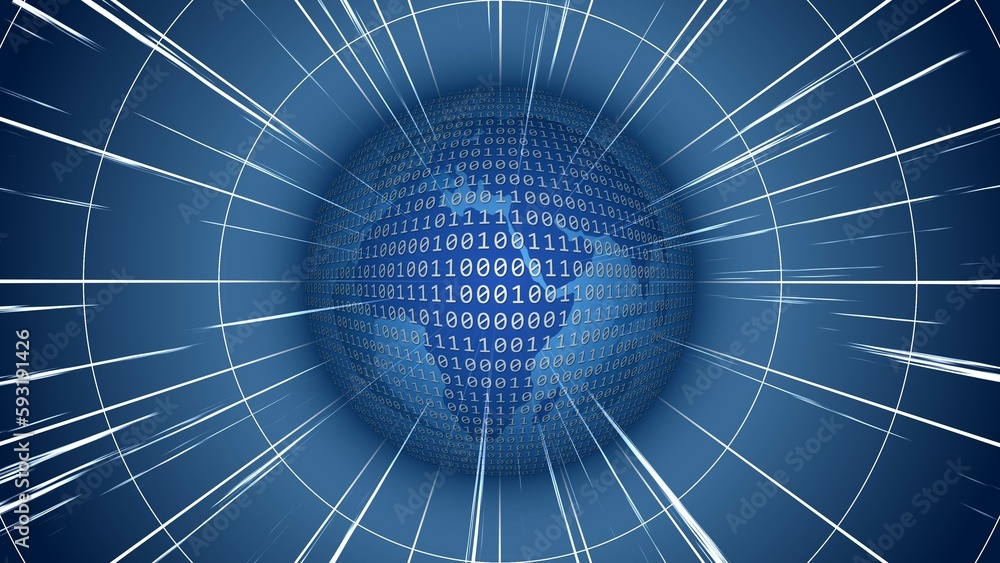 Poster bright sphere of binary code over world map in blue color - abstract illustration with stylized spac
