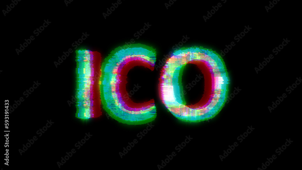 Poster cybernetical text ico with massive chromatic aberrance distortion, isolated - object 3d rendering
