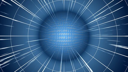 Bright sphere of binary code in blue color - abstract illustration with stylized space rays and rings - science and technology concept - 3D Illustration