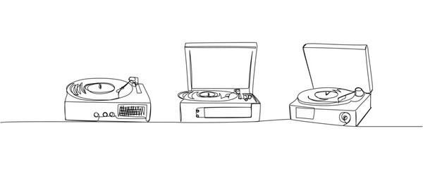 Vinyl Record Player Turntable set one line art. Continuous line drawing of vinyl, record, melody, studio, electronic, music, disc, groove, dj, phonograph, antique, gramophone, disco, audio