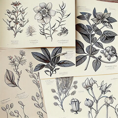 collection of hand-drawn botanical illustrations, showcasing the intricate beauty and delicate details of a variety of plants and flowers. generative ai