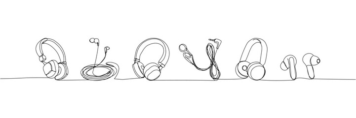 Headphones, earphones set one line art. Continuous line drawing of music, headphone, headset, portable, earphones, sound, audio, hear, dj, listen, listening, ear, electronic, mobile, relax, radio