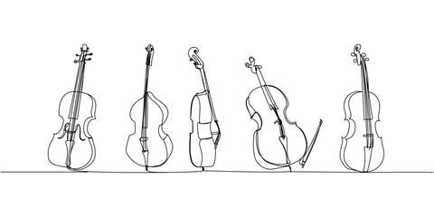 Violin, cello, bass viol set one line art. Continuous line drawing of musical, melody, violin, vintage, retro, symphonic, orchestra, playing, instrument, fiddle, viola, symphony, musician, string. - obrazy, fototapety, plakaty