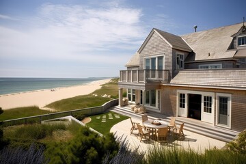 cape cod house, with view of a private beach and the ocean beyond, created with generative ai