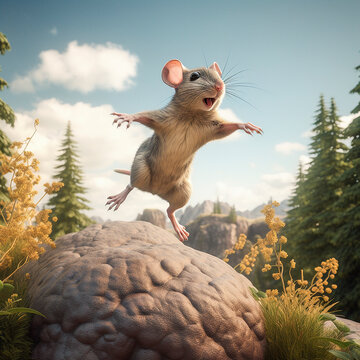 A field mouse jumping from a rock in the forest.
