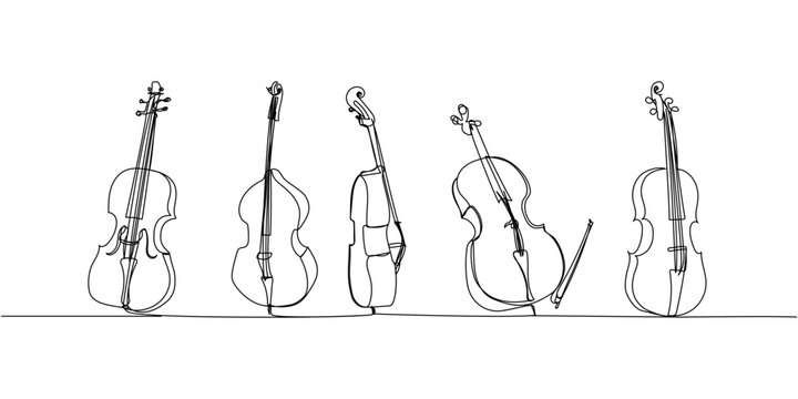 Violin, cello, bass viol set one line art. Continuous line drawing of musical, melody, violin, vintage, retro, symphonic, orchestra, playing, instrument, fiddle, viola, symphony, musician, string.