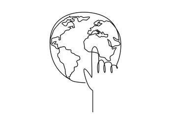 one human hand index finger touching world globe earth map line art