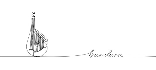 Bandura one line art. Continuous line drawing of music, instrument, folk, musical, ukrainian, culture, acoustic, ethnic, lute, kobza, traditional, string with an inscription, lettering, handwritten.