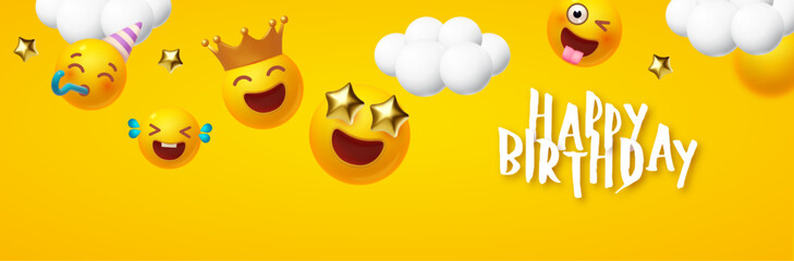 Happy Birthday! Bright holiday banner with emotional faces.
