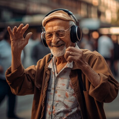 Old man hearing music on headphones and dancing