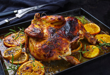 Traditional barbecue spatchcocked chicken al mattone chili with orange slices and herbs served as close-up on an old rustic metal tray