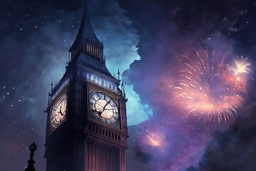 New Year's Eve Celebrations in the City - Big Ben Tower Lit up with Fireworks Display. Generative AI