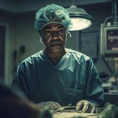 Surgeon with a serious face on the operating table