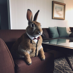 rabbit with business suite on the couch