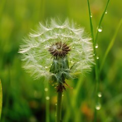 Beautiful wet dandelion morning in grass