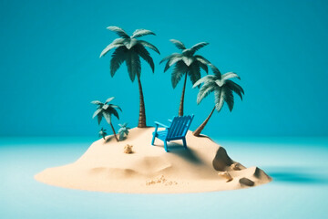 Fototapeta na wymiar an island with sand, palm trees and a chair on it with blue sky