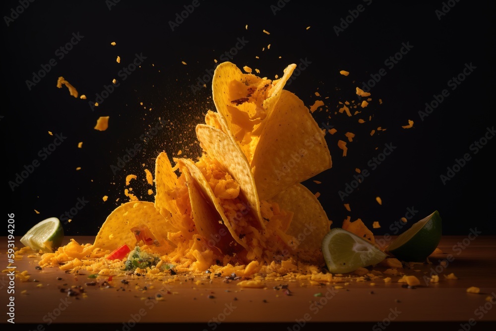 Poster a pile of corn chips with a lime and a slice of lime. generative ai