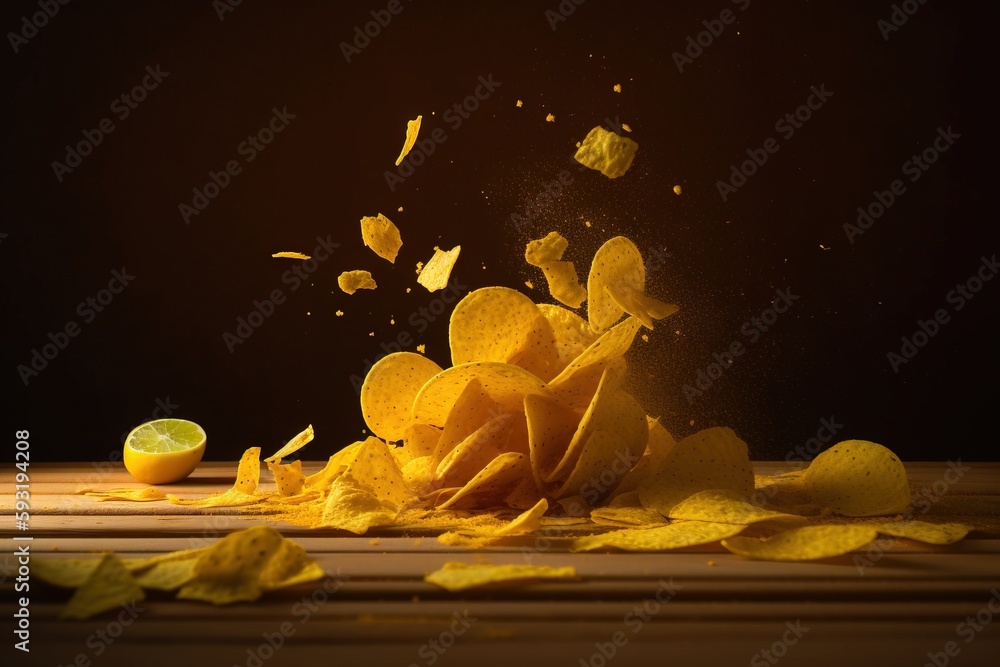 Poster a pile of potato chips with a lemon slice falling out of it. generative ai