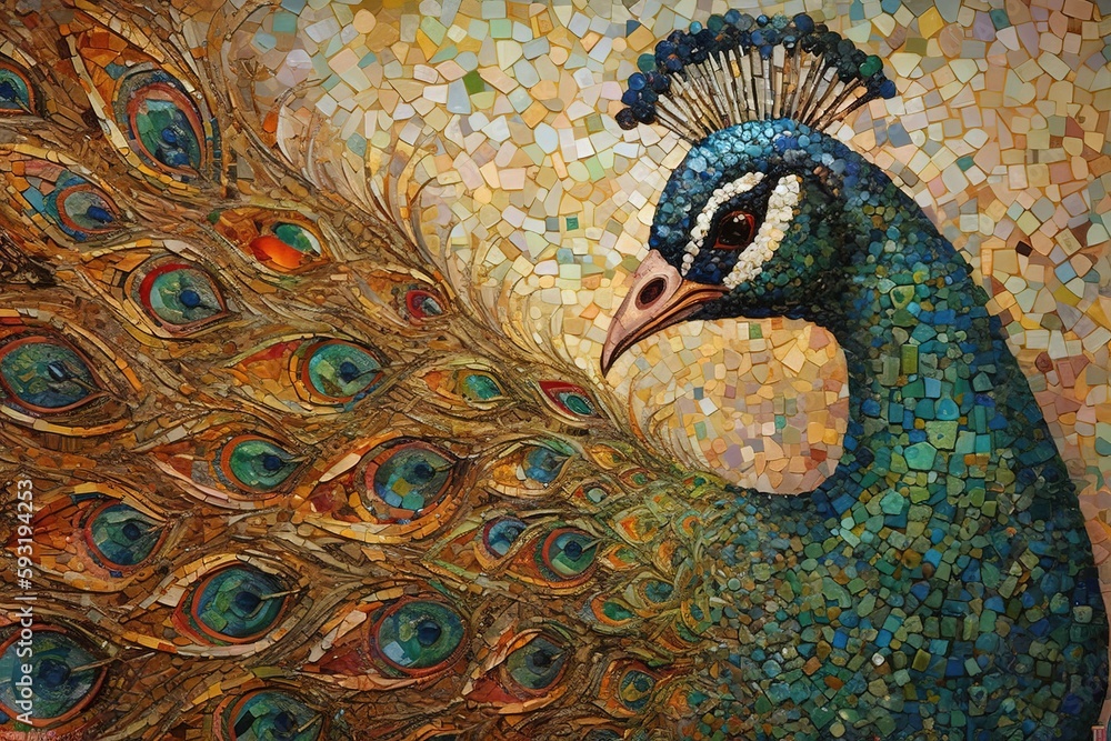 Poster a painting of a peacock with a mosaic background of its feathers. generative ai