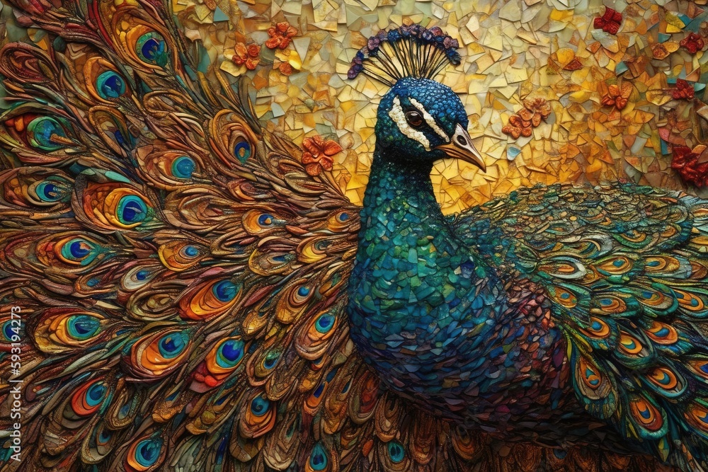 Poster a painting of a peacock with feathers spread out in front of a mosaic background. generative ai