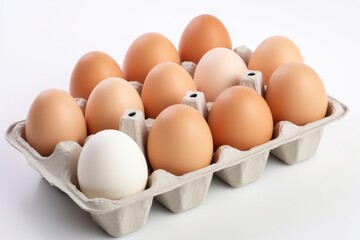  a carton of eggs on a white background with one egg in the middle.  generative ai