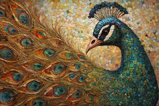  a painting of a peacock with a mosaic background of its feathers.  generative ai
