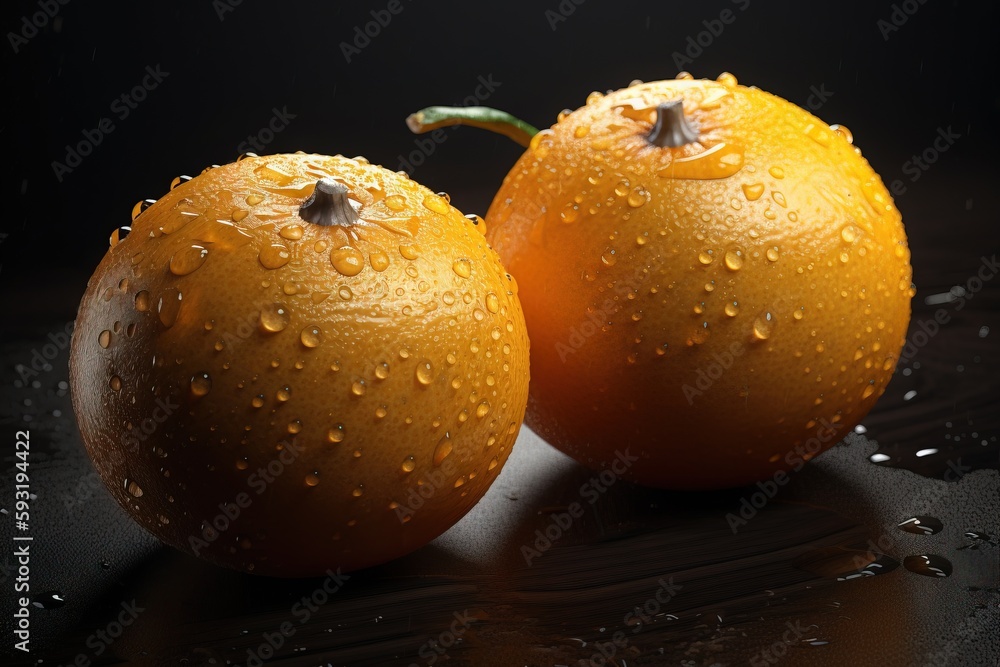 Poster two oranges with water droplets on them sitting on a table. generative ai