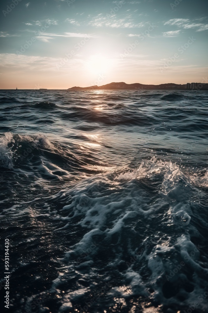 Poster the sun is setting over the ocean with a small island in the distance. generative ai